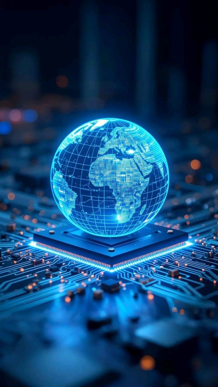 Digital world on a circuit board with a blue glow
