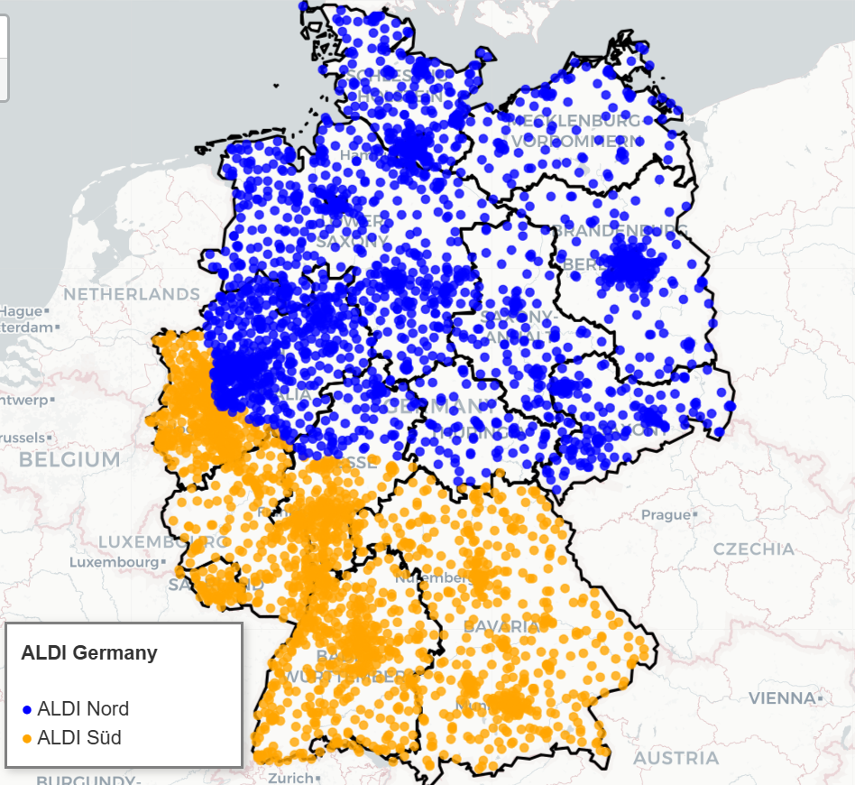 Map of ALDI store locations in Germany showing ALDI Nord (blue) and ALDI Süd (orange) distribution across the country